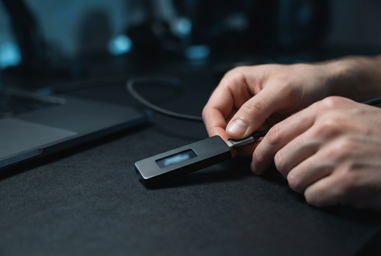 Hands connect a black cable to a small rectangular electronic device beside a closed laptop.