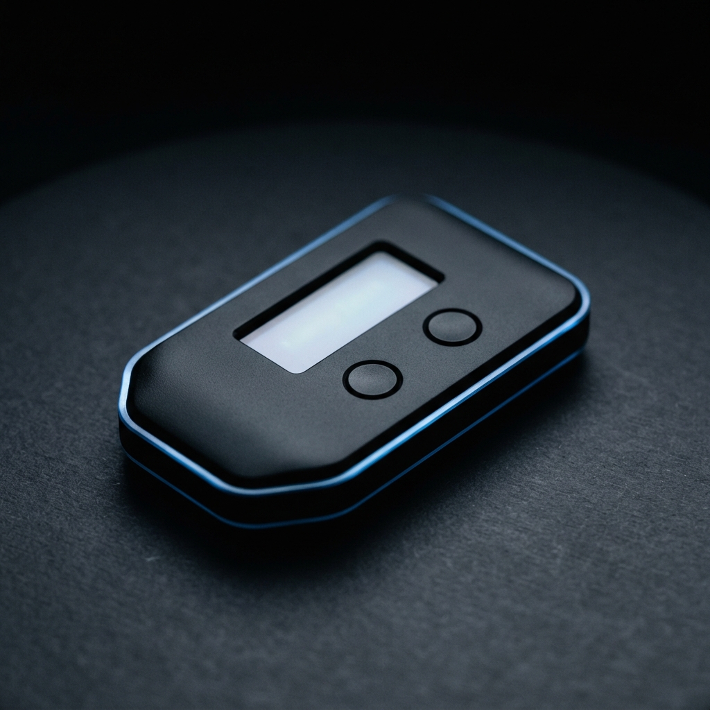 Black rounded electronic device with a blank glowing display, two circular buttons, and blue edge lighting on a dark surface.