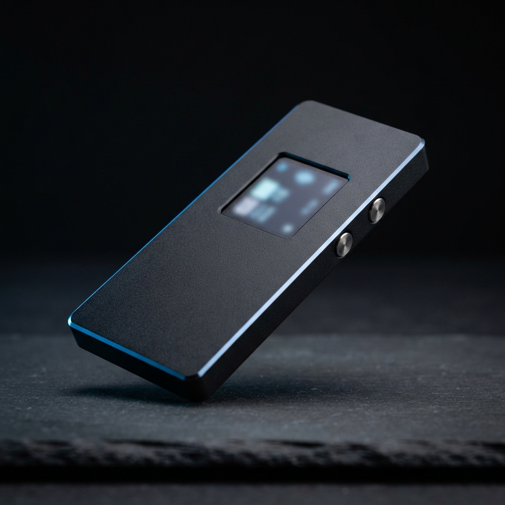 Dark rectangular handheld device with a blurred display and two side buttons, tilted on a black textured surface.