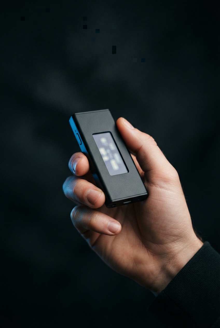 Hand holding a small dark electronic device with a blue side panel and blurred display.