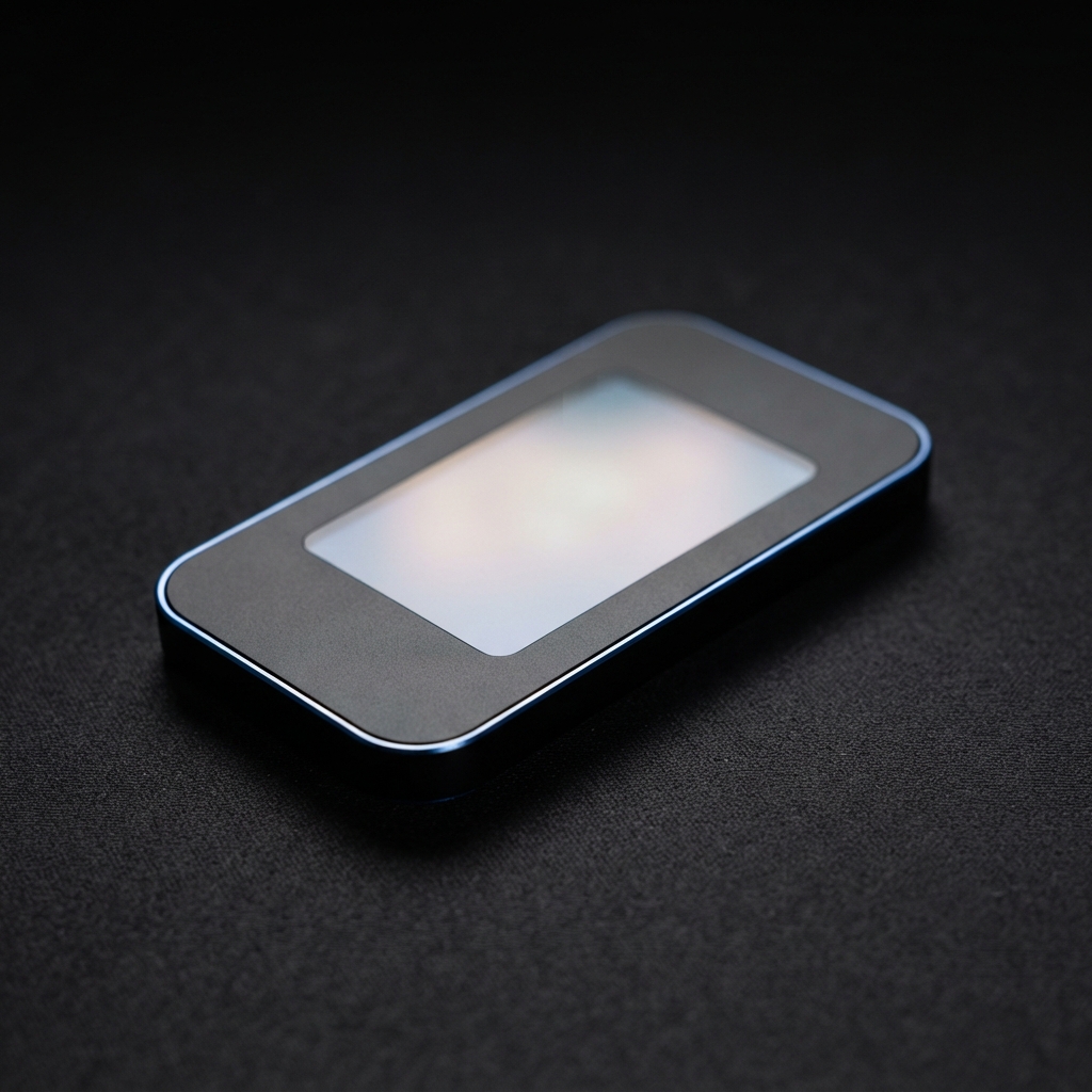 Rounded black rectangular device with a softly glowing pale center on a dark textured surface.