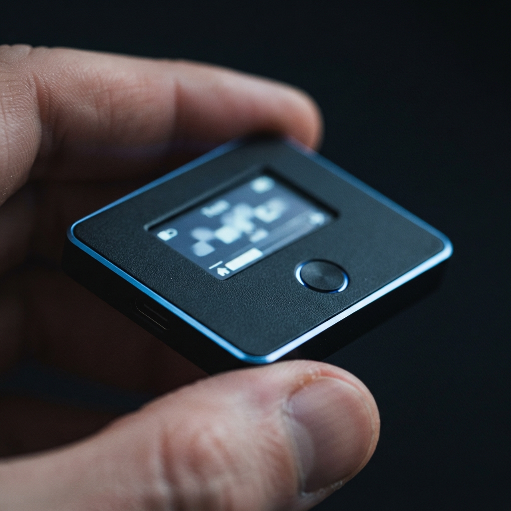 Hand holding a small black square device with a blurred screen, circular button, and blue edge trim.