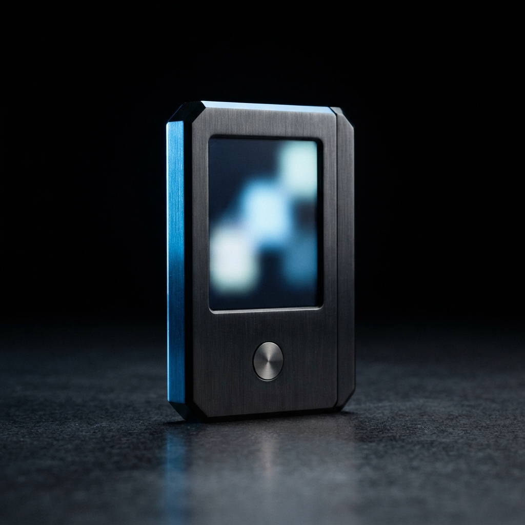 Brushed-metal electronic device with a blurred screen and round button standing on a reflective dark surface.