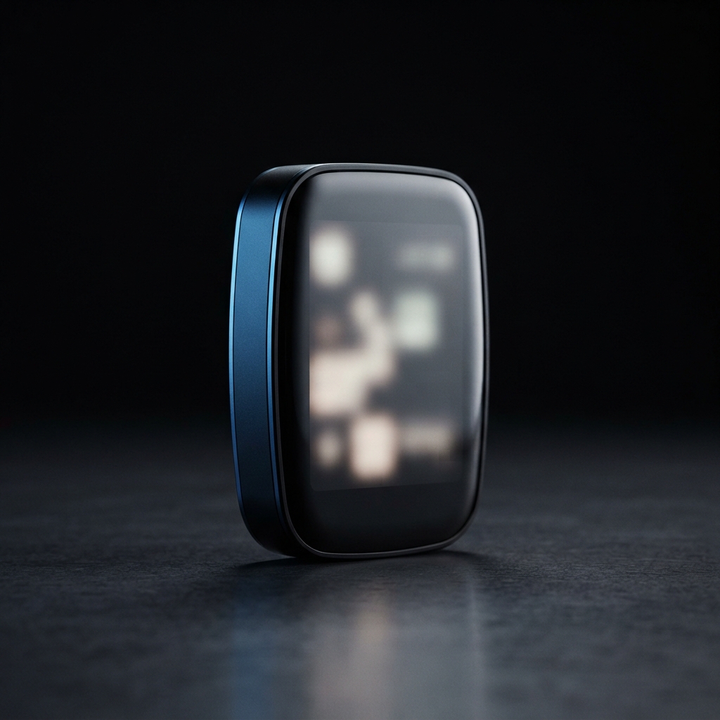 Small rounded black electronic device with a blue side panel standing on a dark reflective surface.