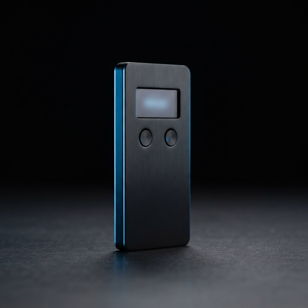 Tall dark rectangular electronic device with a blurred display and two circular buttons on a reflective surface.